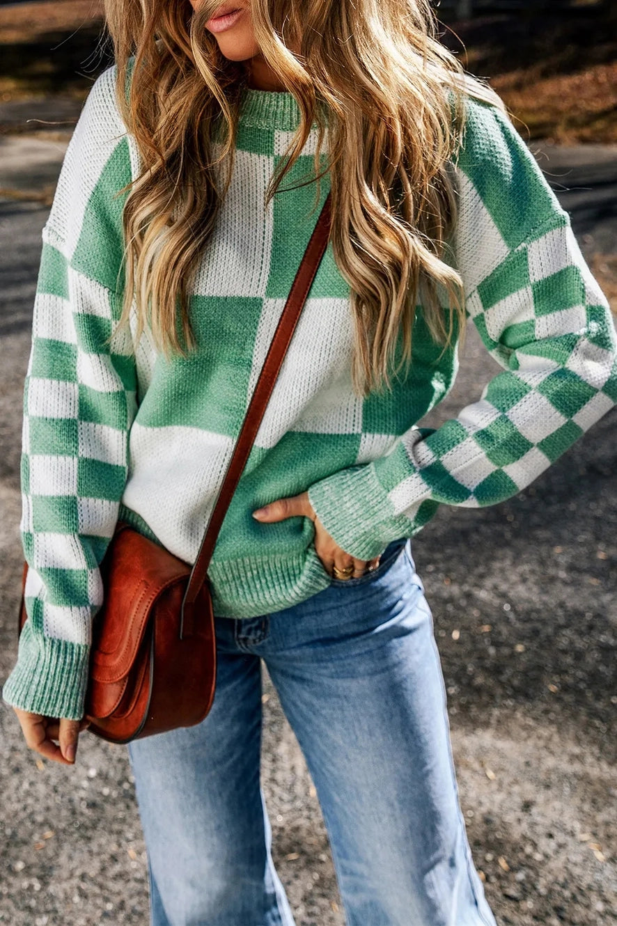 Checkered Print Drop Shoulder Sweater